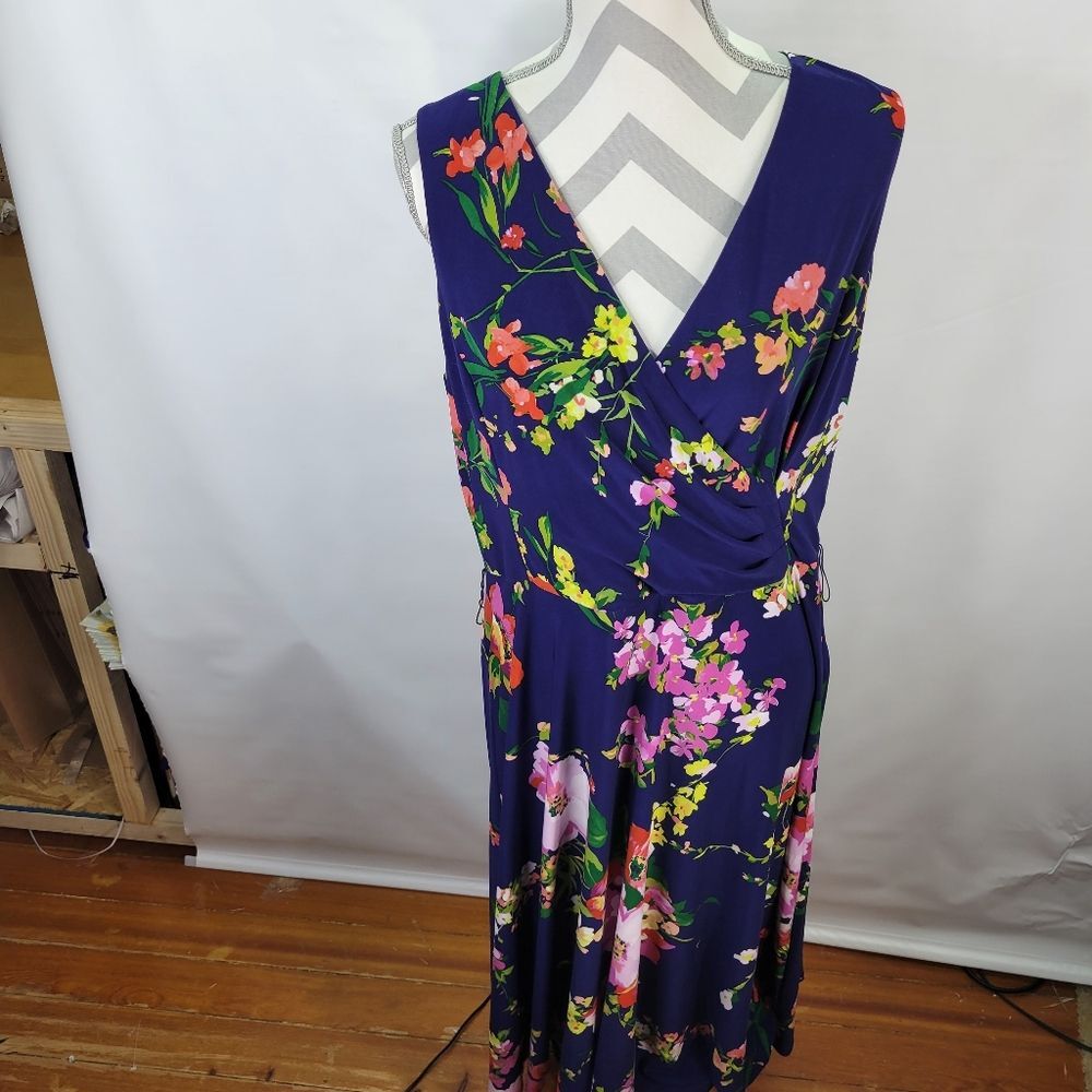 Lauren Ralph Lauren Faux Wrap Navy Floral Sleeveless Midi Dress Side Zip Size 16 - Picture 1 of 12
